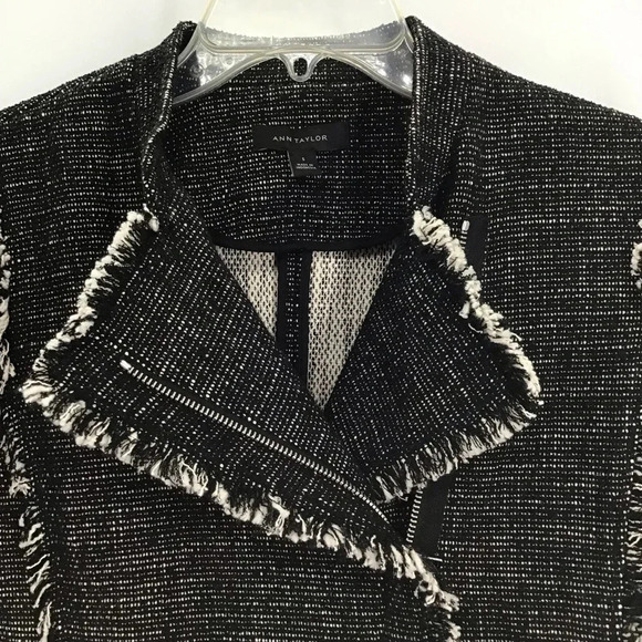 Ann Taylor Tweed Fringe Moto Style Jacket Black/White Career Casual Size Small - Picture 6 of 11
